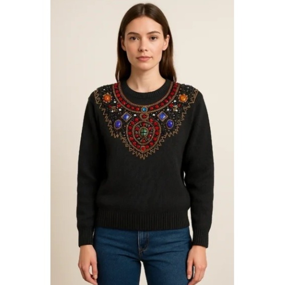 Lindsey Blake‎ Vintage Beaded Jeweled Sweater Black Ramie Cotton Keyhole Back M